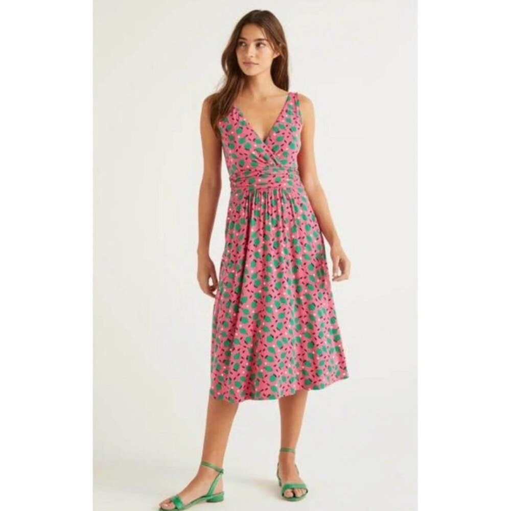 Boden Effie Midi Dress Pink Lime Print Jersey V-Neck Flowy Colorful 14L